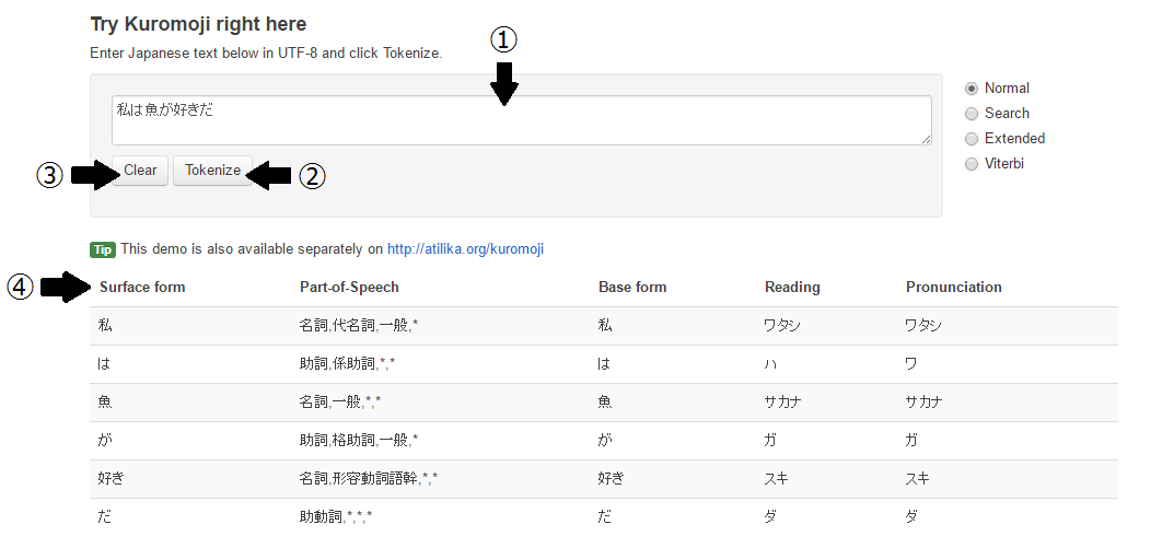 kuromojiによる形態素解析例