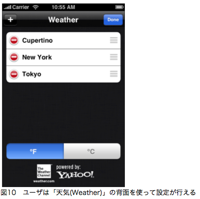 図10ユーザは「天気(Weather)」の背面を使って設定が行える