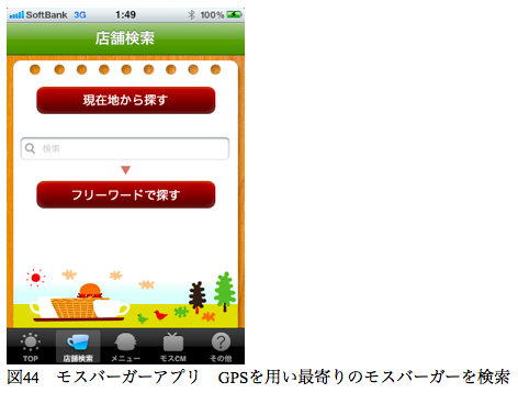図44　モスバーガーアプリ　GPSを用い最寄りのモスバーガーを検索