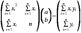 
LRparen {matrix center 2 2 {sum{i=1}{n} x_i^{2}}{sum{i=1}{n}x_i}{sum{i=1}{n}x_i}{n}}
LRparen {matrix center 2 1 {a}{b}} = }
LRparen {matrix center 2 1 {sum{i=1}{n} x_i y_i}{sum{i=1}{n} y_i}}
