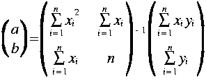 
LRparen {matrix center 2 1 {a}{b}} = }
LRparen {matrix center 2 2 {sum{i=1}{n} x_i^{2}}{sum{i=1}{n}x_i}{sum{i=1}{n}x_i}{n}}^{-1}
LRparen {matrix center 2 1 {sum{i=1}{n} x_i y_i}{sum{i=1}{n} y_i}}
